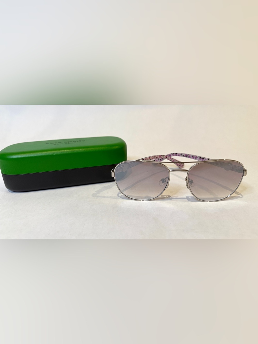 kate spade Silver Aviator Sunglasses with Pink Purple Patterned Temples